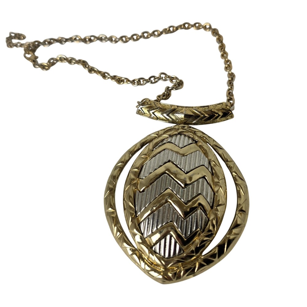 Vintage Two Tone Gold Silver Chevron Statement Necklace Large Oval Pendant
